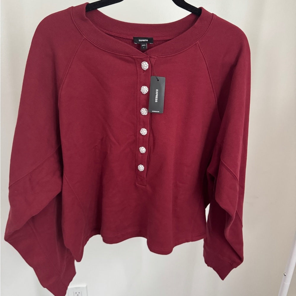 NWT Express Rhinestone Button Boxy Henley Fleece Sweatshirt